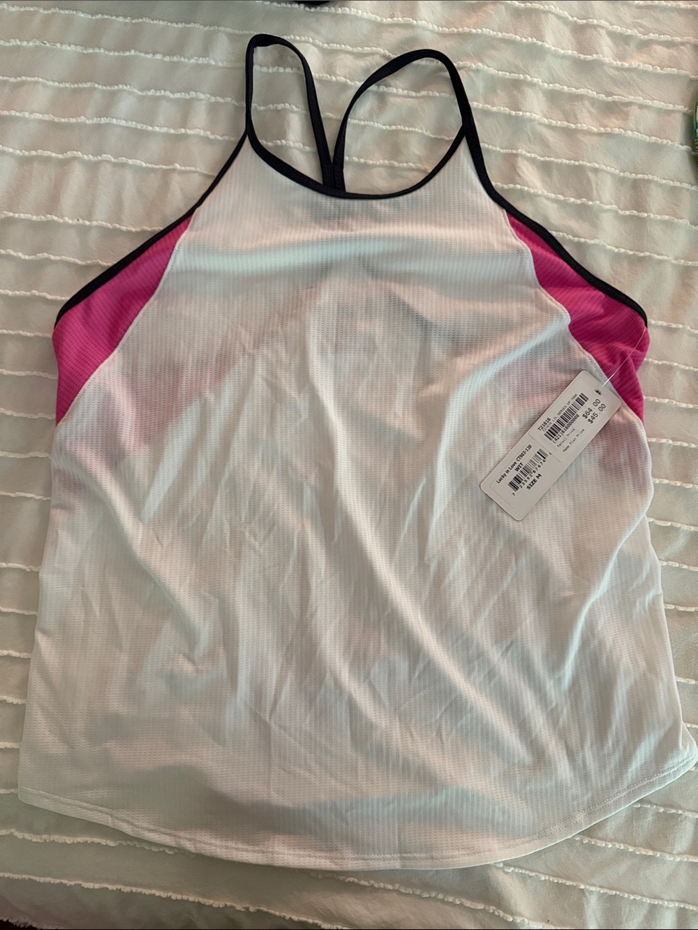 Lucky in Love White Athletic Tank Top with Pink Accents